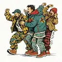 four people dancing wildly in winter jackets tattoo design idea