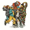 four people dancing wildly in winter jackets tattoo design idea