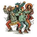 four people dancing wildly in winter jackets tattoo design idea