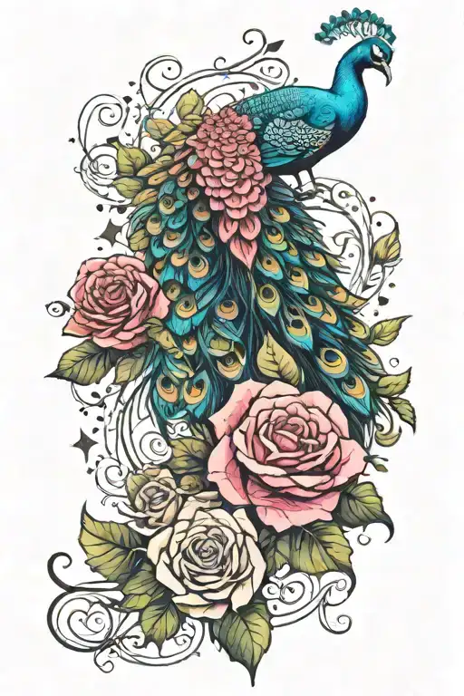 peacock intertwined with roses wrapped with stars tattoo design idea