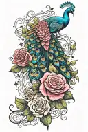 peacock intertwined with roses wrapped with stars tattoo design idea