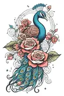 peacock intertwined with roses wrapped with stars tattoo design idea