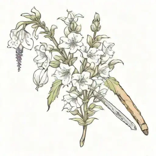 A tattoo featuring a historical botanical illustration of foxglove flowers intertwined with antique gardening tools tattoo design idea