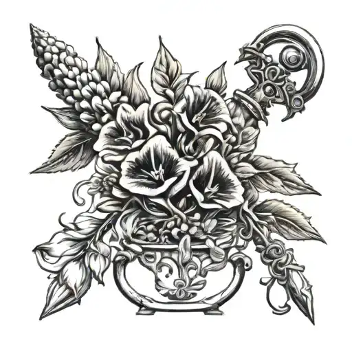 A tattoo featuring a historical botanical illustration of foxglove flowers intertwined with antique gardening tools tattoo design idea