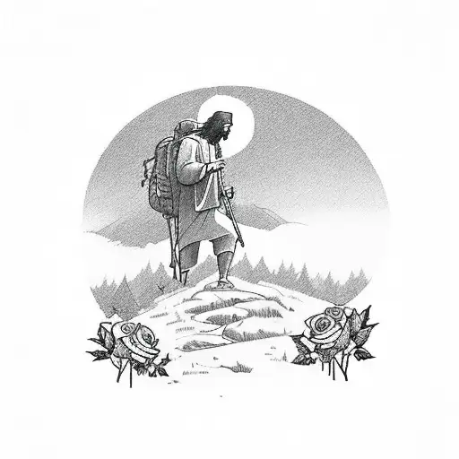 A hiking trail leading to a sketchy silhouette of Jesus surrounded by roses tattoo design idea