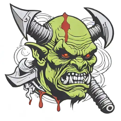 Decapitated orc head with mace and axe and blood tattoo design idea