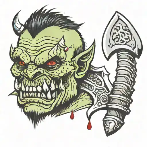 Decapitated orc head with mace and axe and blood tattoo design idea