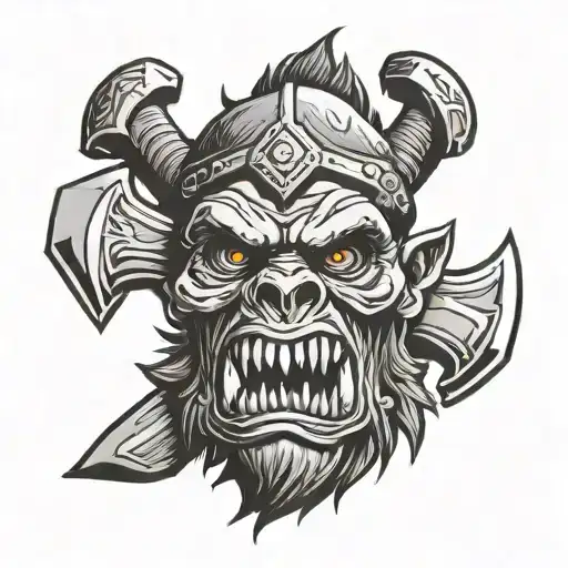Decapitated orc head with mace and axe crossed underneath tattoo design idea