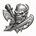 Decapitated orc head with mace and axe crossed underneath tattoo design idea