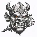 Decapitated orc head with mace and axe crossed underneath tattoo design idea