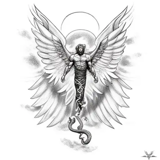 falling Icarus with one normal wing and one devil wing. Snake wrapped around icarus' arm tattoo design idea
