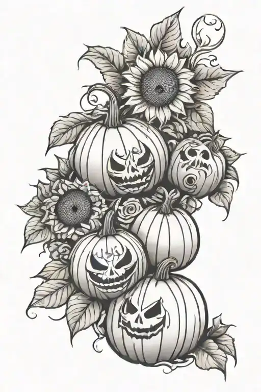 pumpkins spider webs sunflowers tattoo design idea