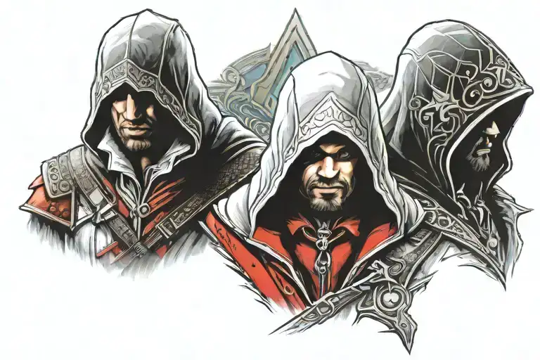 assassin' creed symbol with ezio auditore face tattoo design idea