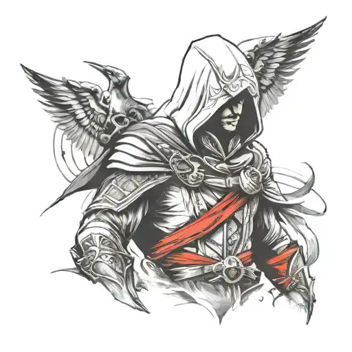 assassin' creed symbol with ezio auditore face tattoo design idea