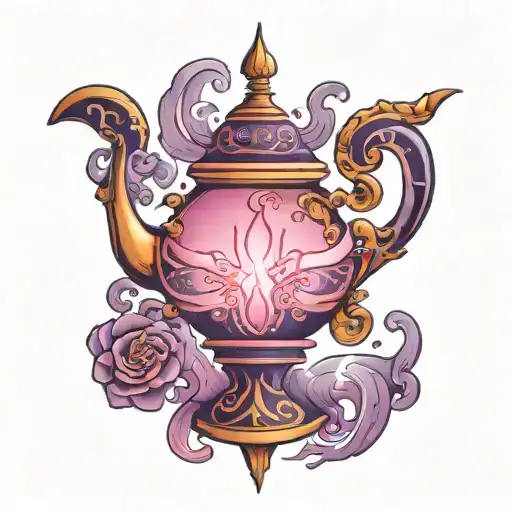 tall genie lamp in pink and purple with smoke tattoo design idea