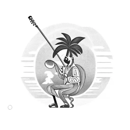 A musician playing their instrument on a sunny beach with palm trees and monkeys in the background tattoo design idea