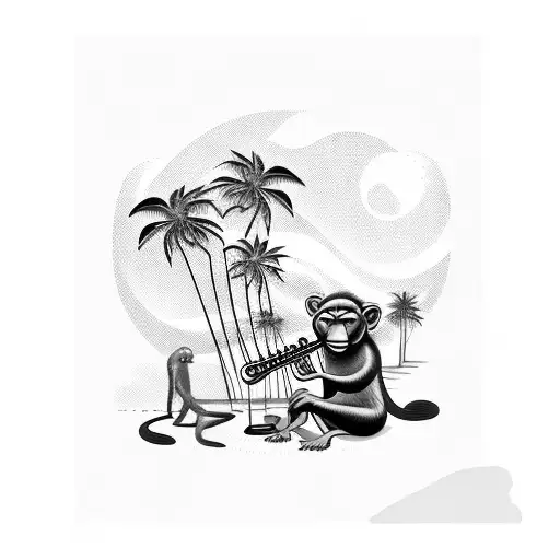 A musician playing their instrument on a sunny beach with palm trees and monkeys in the background tattoo design idea
