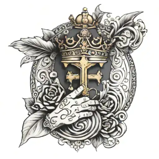 circle of trust, king crown, handshake, crucifix tattoo design idea