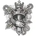 circle of trust, king crown, handshake, crucifix tattoo design idea
