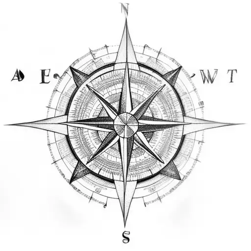 A tattoo of a compass rose and a world map, with intricate linework and shading in black-grey style. tattoo design idea