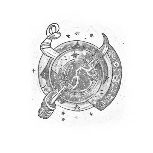 A bicep sleeve with a galaxy filled with stars, an anchor, a giraffe, a paw print, a music note, a cowboy hat, and an A tattoo design idea