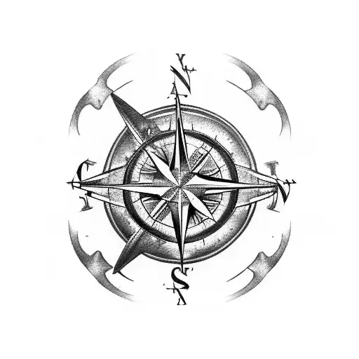 A stylized compass rose with a manta ray at the center and fishing hooks as the cardinal points tattoo design idea