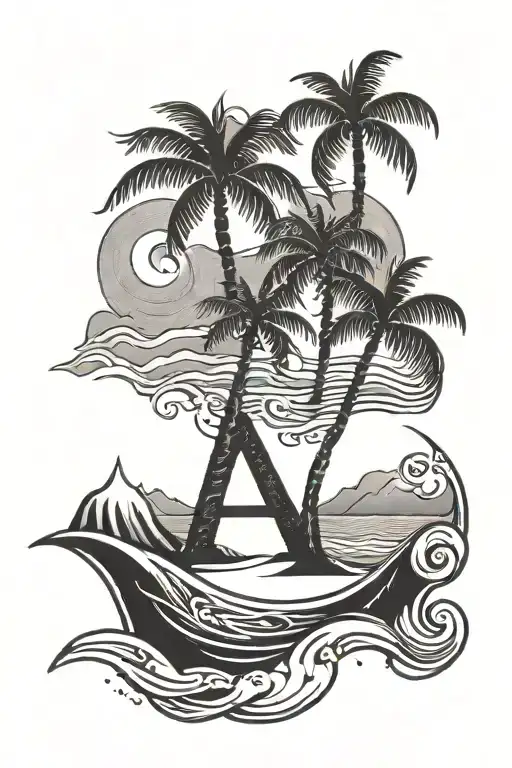 A tattoo that is a beach with waves, sand and two palm trees that form the letter A. tattoo design idea