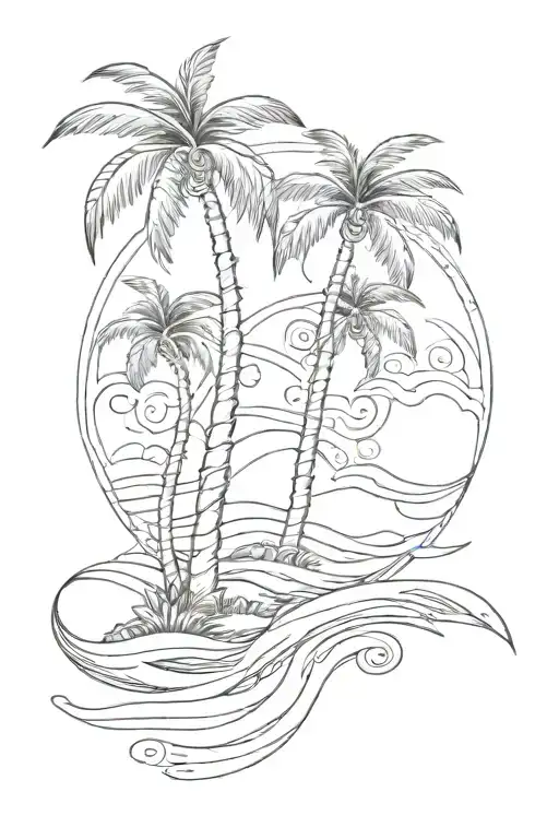 A tattoo that is a beach with waves, sand and two palm trees that form the letter A. tattoo design idea