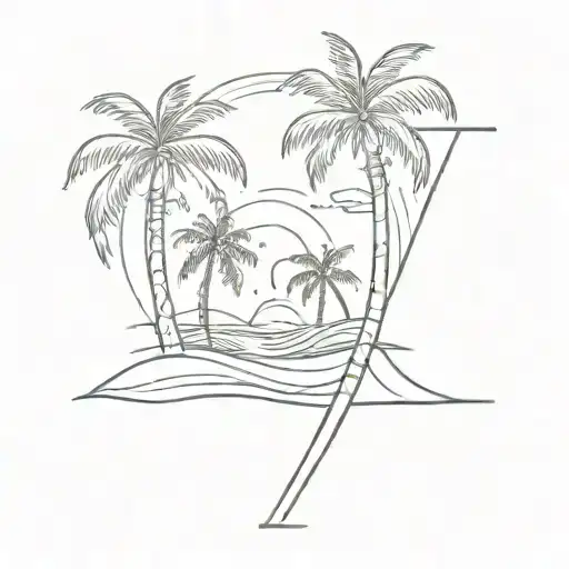 A beach with waves, sand and two palm trees that form a letter A. tattoo design idea