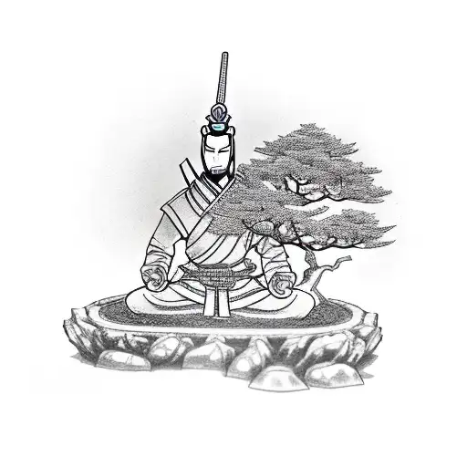 Sketch a samurai warrior meditating under a bonsai tree tattoo design idea
