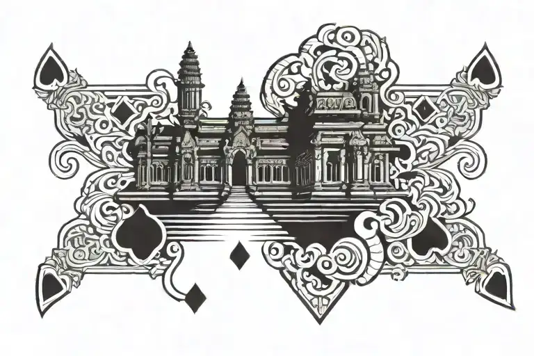 Angkor Wat temple, Ace of spades, 8 of heart, little mouse missing one teeth, deaf and mute sign tattoo design idea