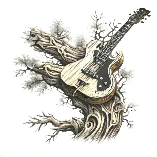 A realistic redwood tree with intricate bass guitar strings weaving through the branches, representing the client's passion for nature and music tattoo design idea