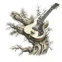 A realistic redwood tree with intricate bass guitar strings weaving through the branches, representing the client's passion for nature and music tattoo design idea