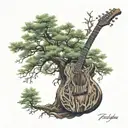A realistic redwood tree with intricate bass guitar strings weaving through the branches, representing the client's passion for nature and music tattoo design idea