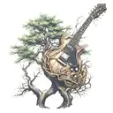 A realistic redwood tree with intricate bass guitar strings weaving through the branches, representing the client's passion for nature and music tattoo design idea