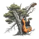 A realistic redwood tree with intricate bass guitar strings weaving through the branches, representing the client's passion for nature and music tattoo design idea