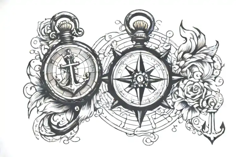 praying hand and a compass and an anchor and a map  tattoo design idea