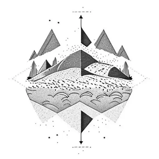 A dotwork tattoo of a mountain landscape with a football goal post in the foreground tattoo design idea