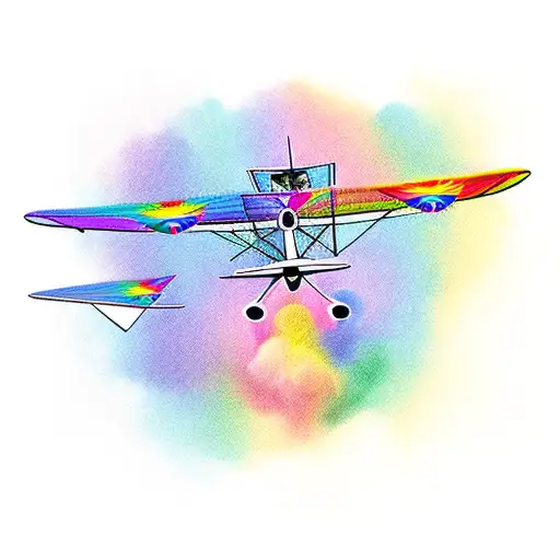 A biplane soaring over a colorful LGBTQ pride parade tattoo design idea