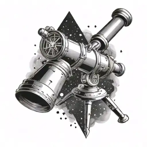 A black-grey tattoo of a telescope looking up at a night sky filled with stars and galaxies, with subtle accounting symbols incorporated into the design tattoo design idea