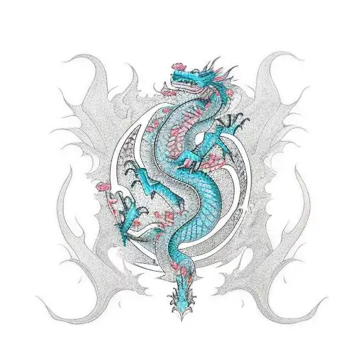 Dragon rainsing from lava, reaching the sky with 4 lotto flowers tattoo design idea