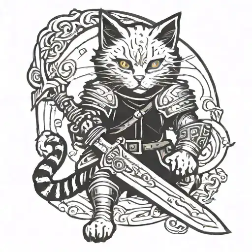 A tattoo design featuring a cat warrior wielding a sword, inspired by fantasy and gaming elements tattoo design idea