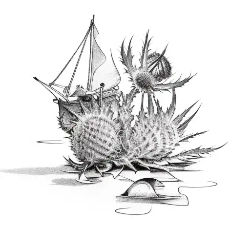 paper boat with thistle and primrose tattoo design idea