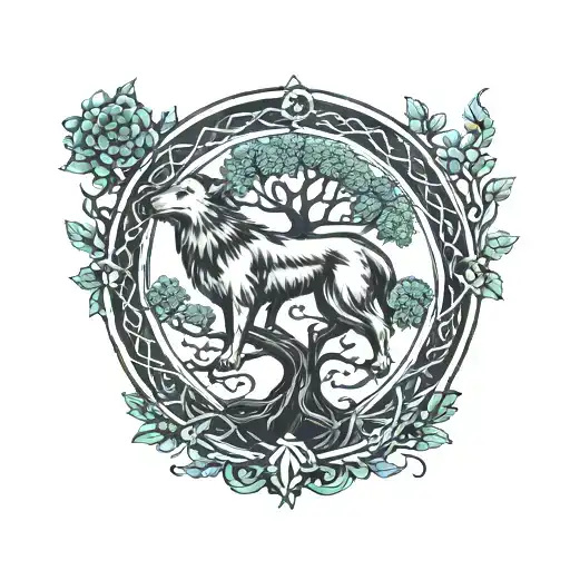 Celtic tree of life, wolf howling, cat sitting tattoo design idea