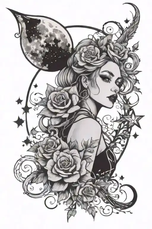 gothic women, flowers, moon surrounded by stars tattoo design idea