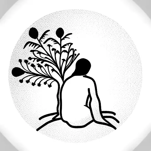The same person seated on a peaceful hill, gazing at a serene landscape. Flowers represent growth and renewal. tattoo design idea