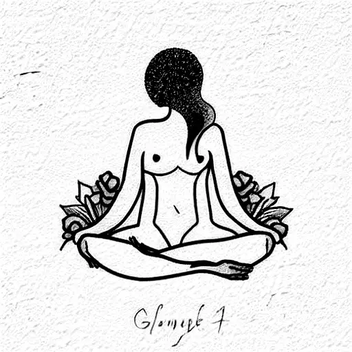 The same person seated on a peaceful hill, gazing at a serene landscape. Flowers represent growth and renewal. tattoo design idea