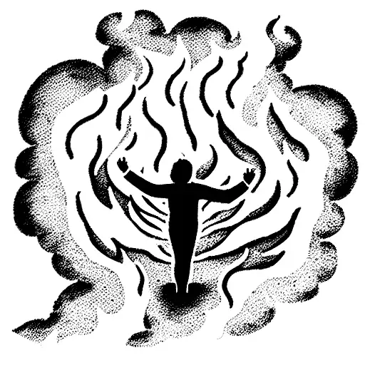 A frustrated person standing amidst swirling dark clouds, hands raised in despair. Flames and debris symbolize chaos. tattoo design idea