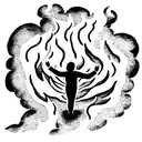 A frustrated person standing amidst swirling dark clouds, hands raised in despair. Flames and debris symbolize chaos. tattoo design idea