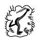 A frustrated person standing amidst swirling dark clouds, hands raised in despair. Flames and debris symbolize chaos. tattoo design idea
